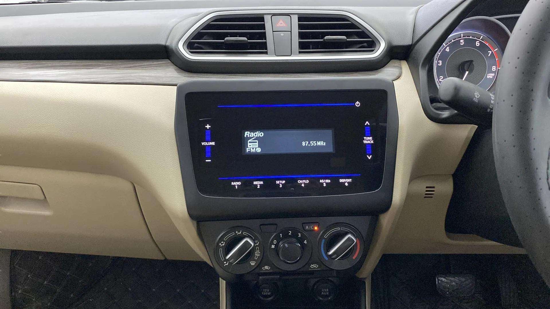 Dashboard and touchscreen display of a Maruti Suzuki Dzire