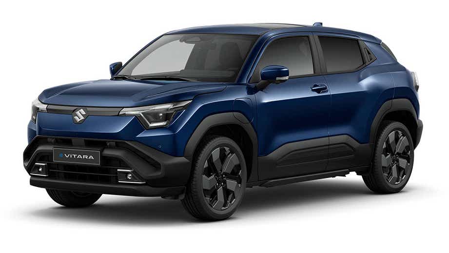 Front three-quarter of a Nexa Blue Maruti Suzuki e Vitara.