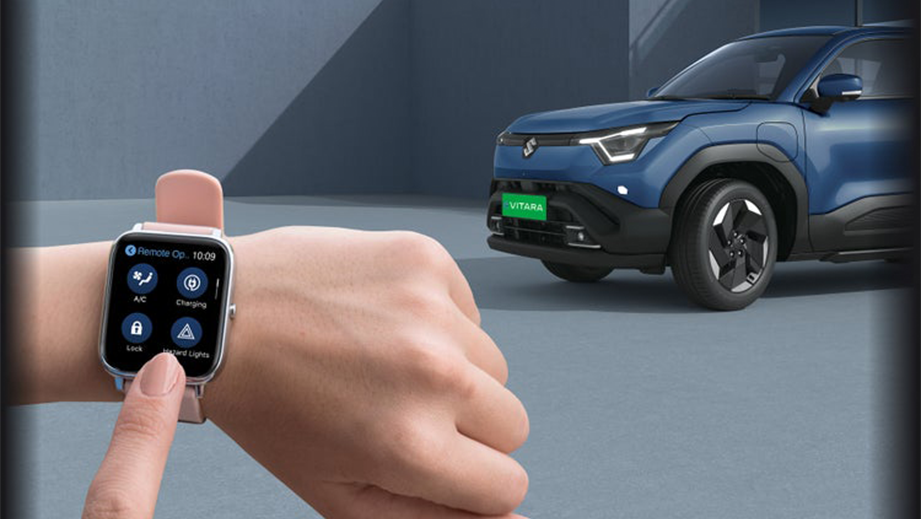 Front three-quarter view of a nexa blue Maruti Suzuki e Vitara