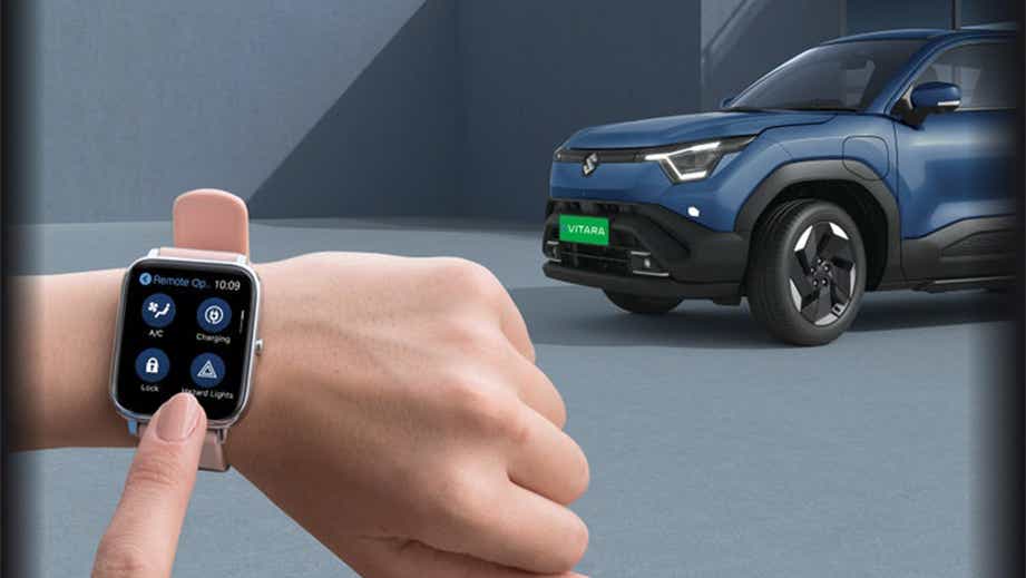 Front three-quarter view of a nexa blue Maruti Suzuki e Vitara