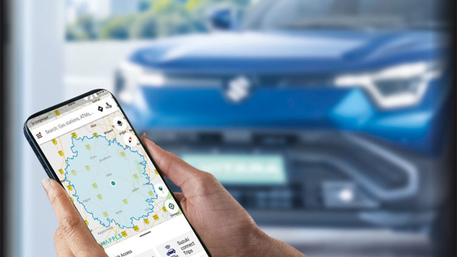 Front view of a nexa blue Maruti Suzuki e Vitara