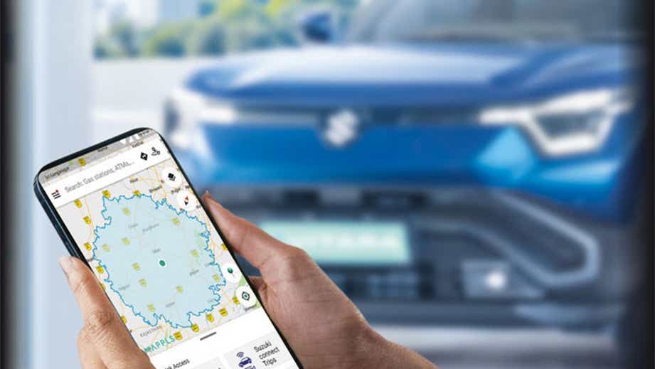 Front view of a nexa blue Maruti Suzuki e Vitara