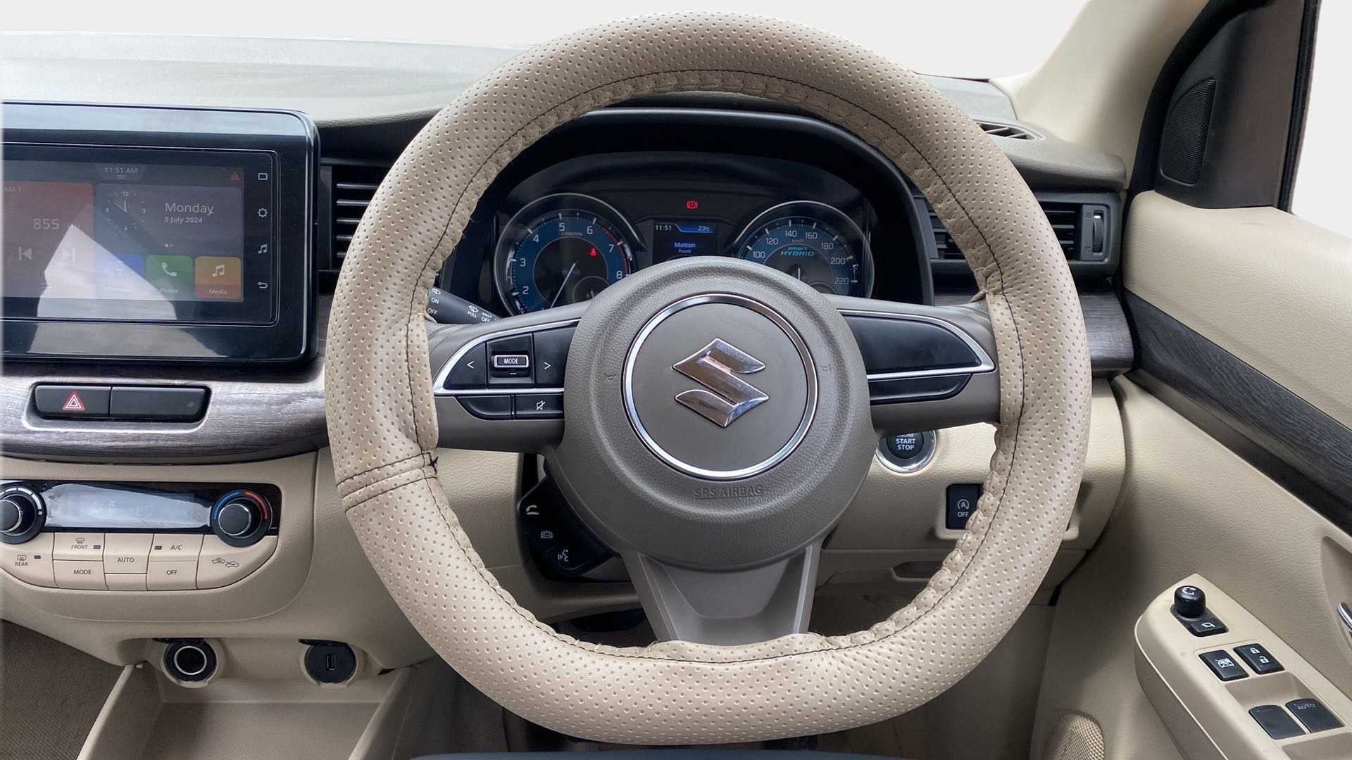 Dashboard and steering wheel of a Maruti Suzuki Ertiga