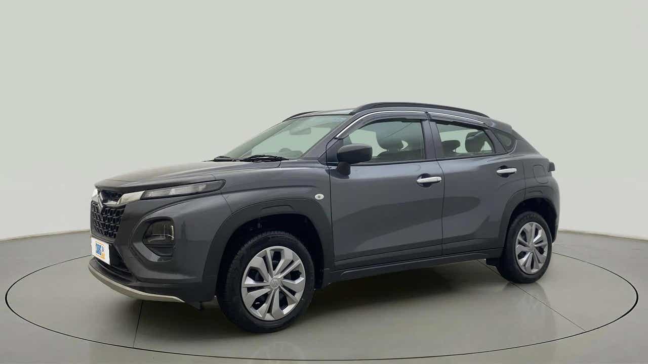 Front side view of a Grandeur Grey Maruti Suzuki FRONX