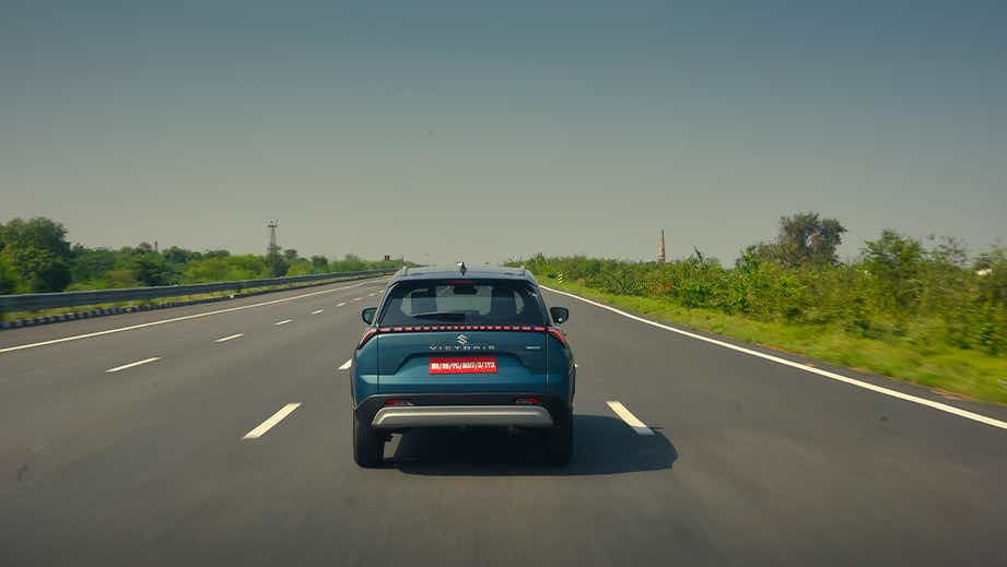 Rear view of a Eternal Blue Maruti Suzuki Victoris
