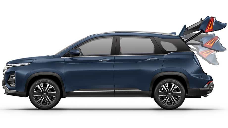 Side profile showing boot operation of a Cleadon Blue MG Hector Facelift