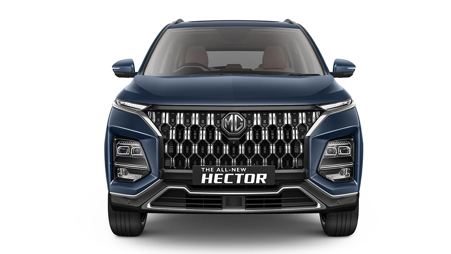Front view of a Cleadon Blue MG Hector Facelift