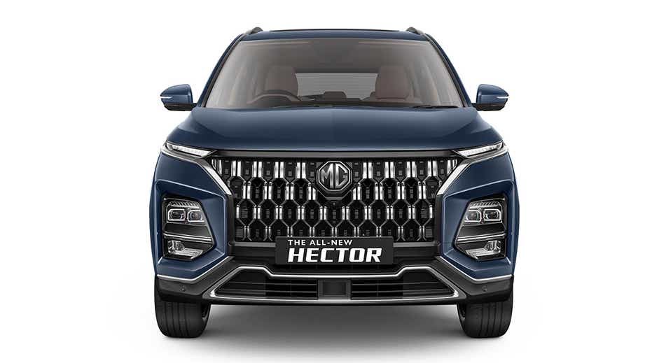 Front view of a Cleadon Blue MG Hector Facelift