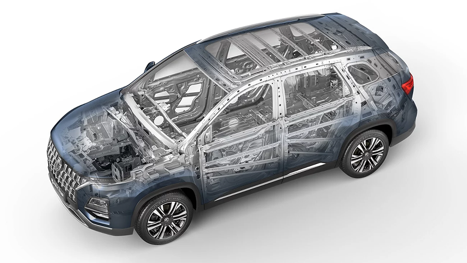 Semi transparent side view of a cleadon blue MG Hector Facelift showing internal structure