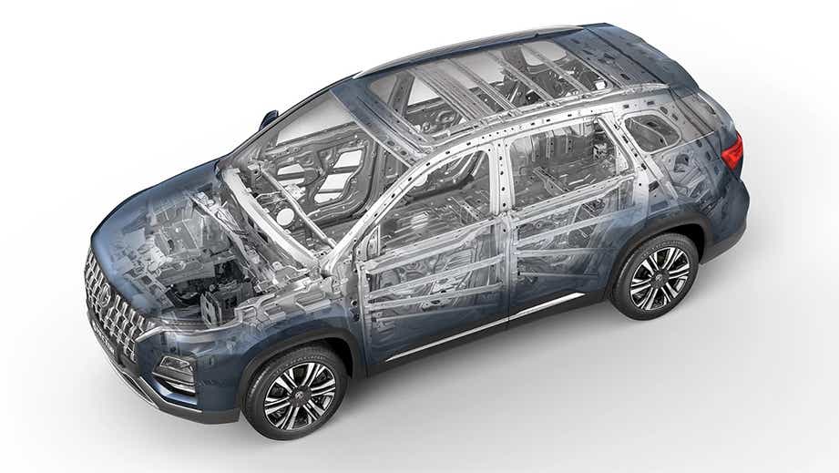 Semi transparent side view of a cleadon blue MG Hector Facelift showing internal structure