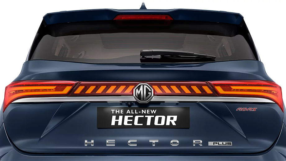 Rear view of a Cleadon Blue MG Hector Plus Facelift