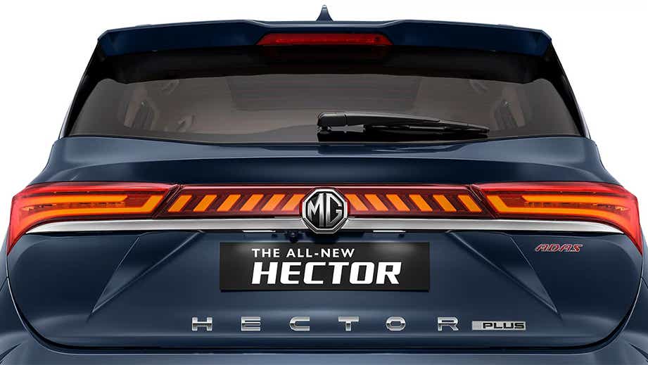 Rear view of a Cleadon Blue MG Hector Plus Facelift