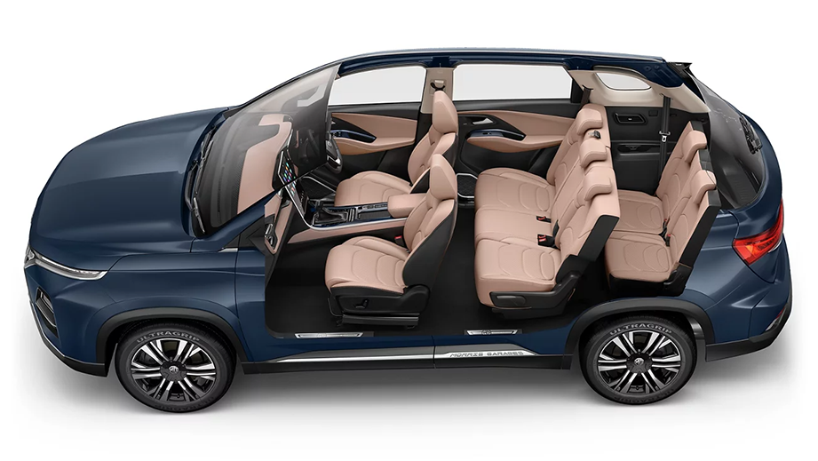 Side interior view of a Cleadon Blue MG Hector Plus Facelift