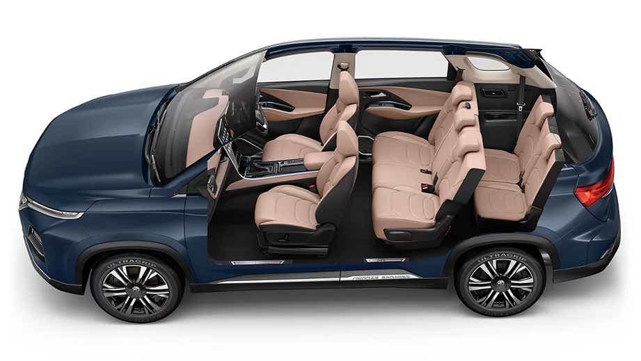 Side interior view of a Cleadon Blue MG Hector Plus Facelift