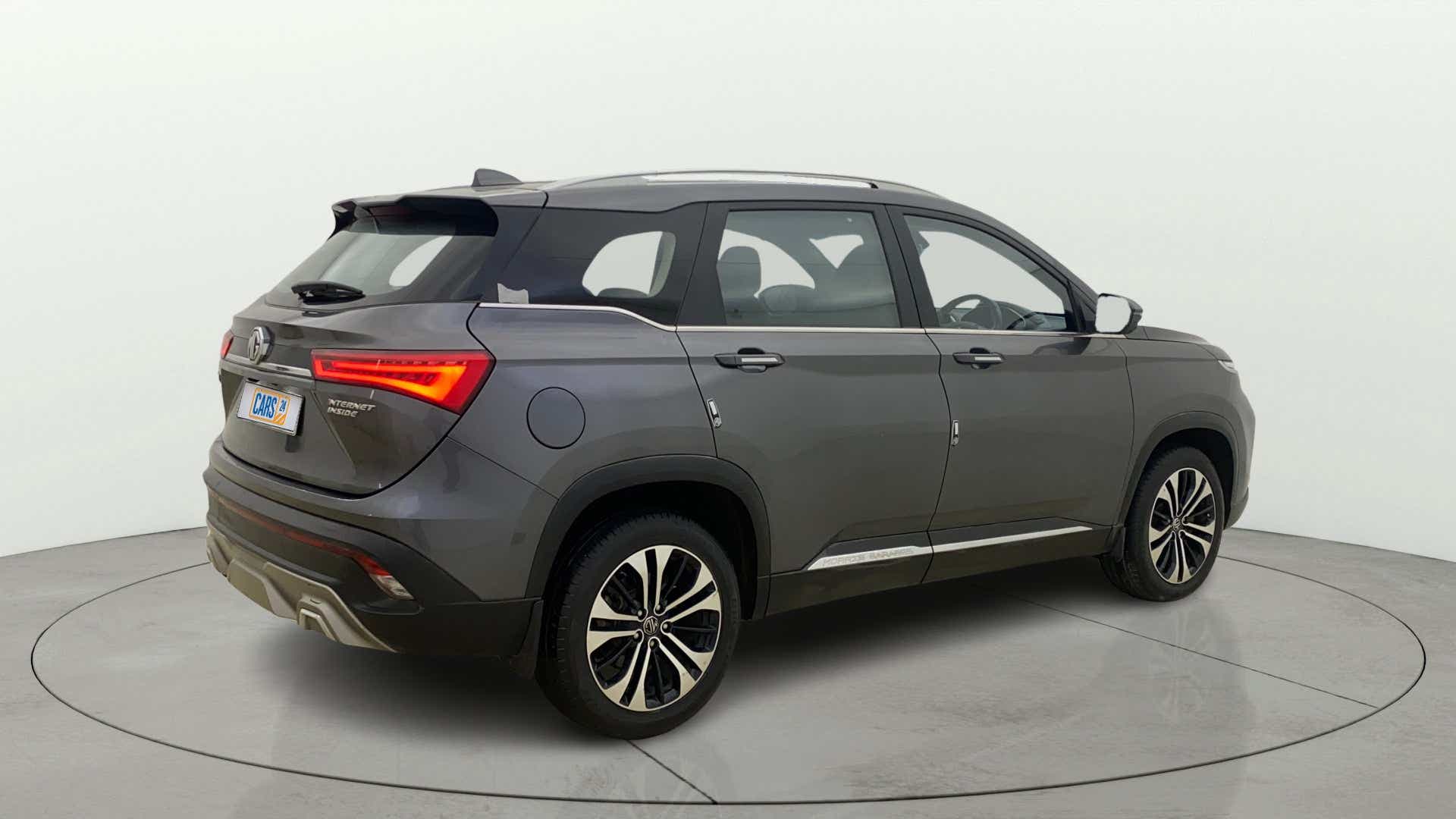 Rear three-quarter view of a havana grey MG Hector