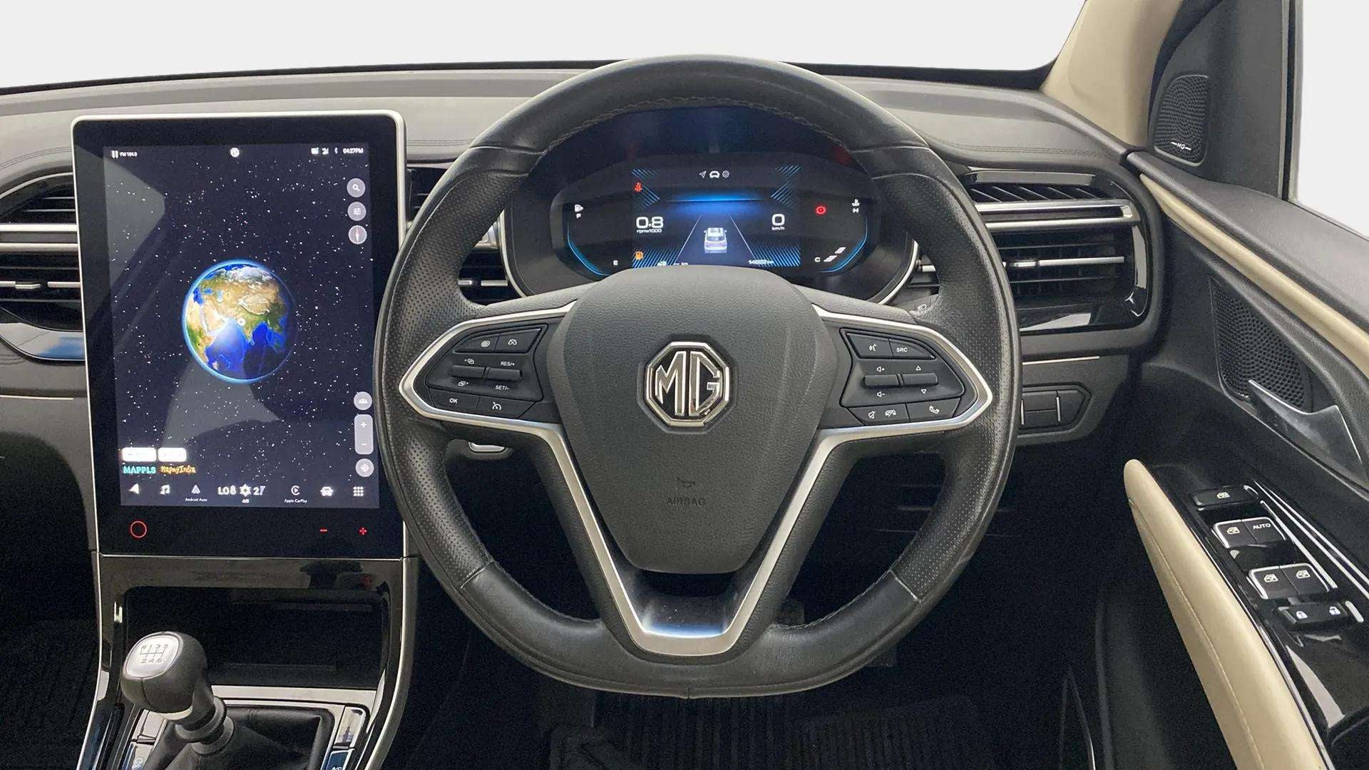 Dashboard and steering wheel view of an MG Hector