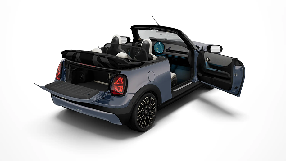 Rear three quarter view of a Mini Cooper S Convertible with doors and boot open