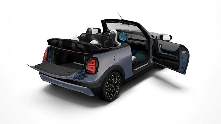 Rear three quarter view of a Mini Cooper S Convertible with doors and boot open