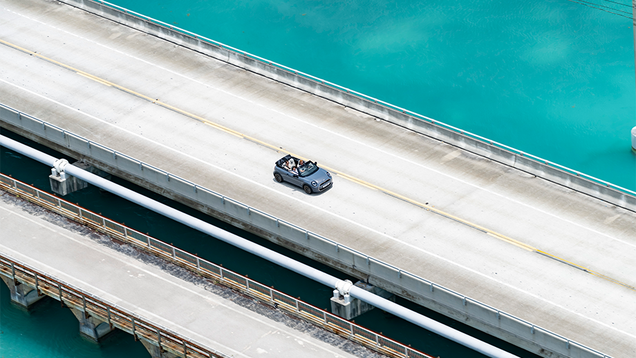 Overhead view of a Mini Cooper S Convertible on a bridge