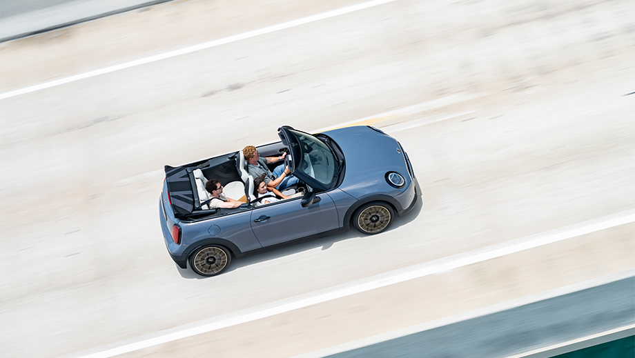 Top view of a Mini Cooper S Convertible with the roof down