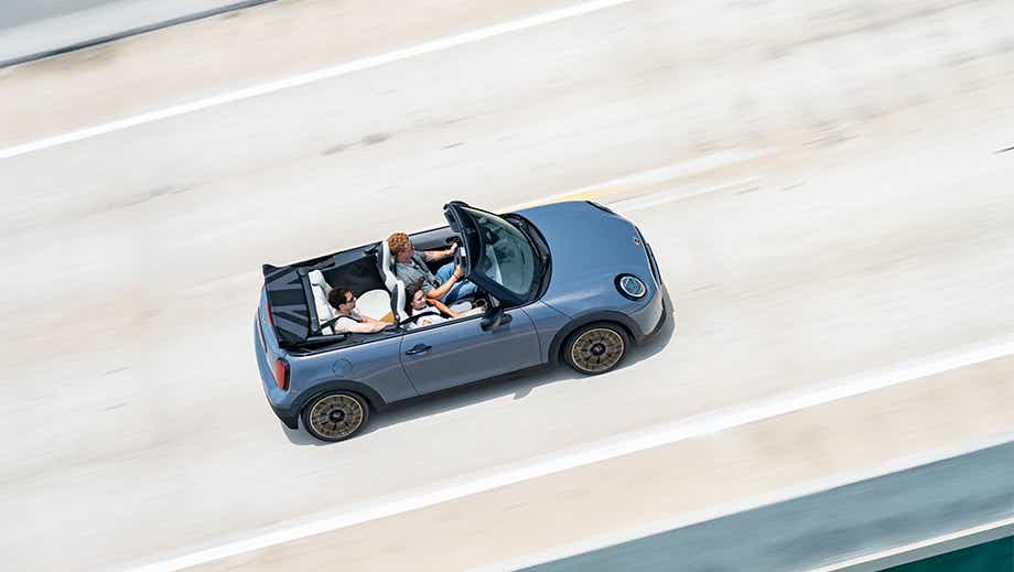 Top view of a Mini Cooper S Convertible with the roof down