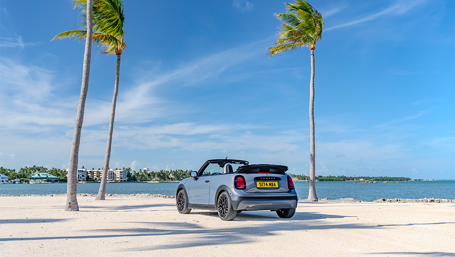 Rear view of a Mini Cooper S Convertible on a beach