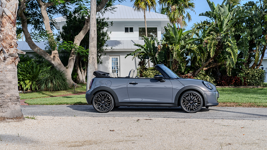 Side view of a Mini Cooper S Convertible with the top down