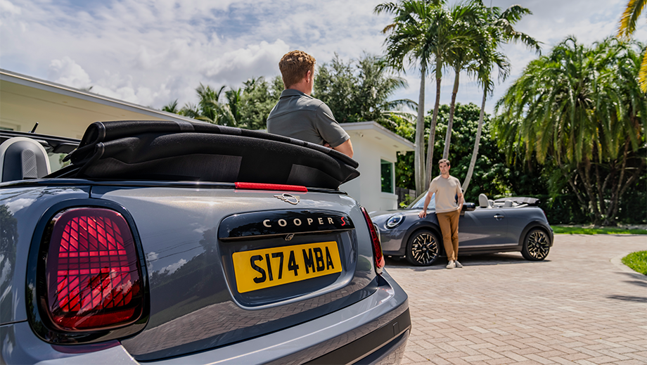 Rear view of a Mini Cooper S Convertible with roof down