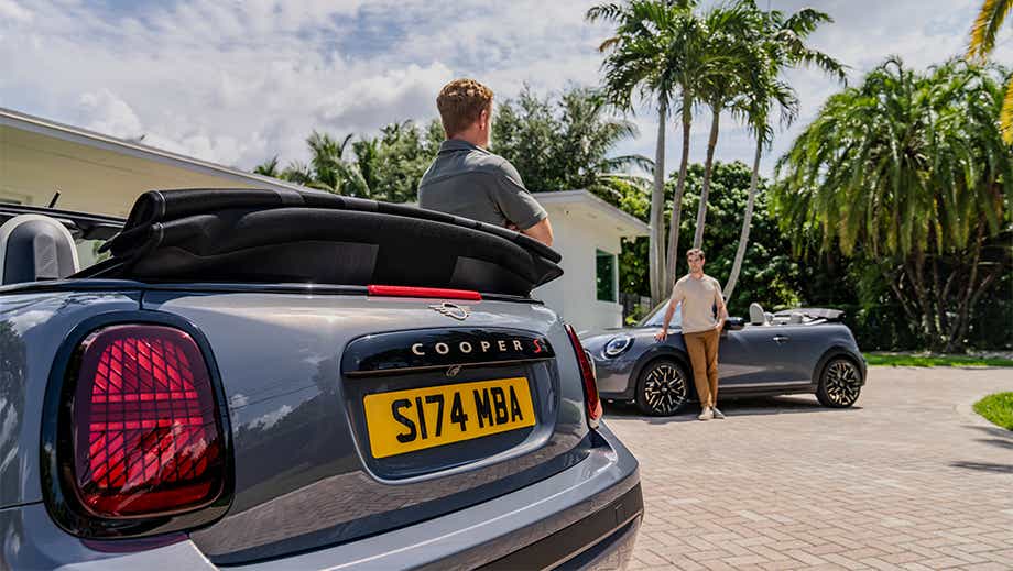 Rear view of a Mini Cooper S Convertible with roof down