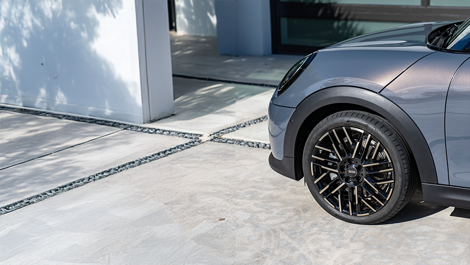 Front wheel and headlight close-up of a Mini Cooper S Convertible