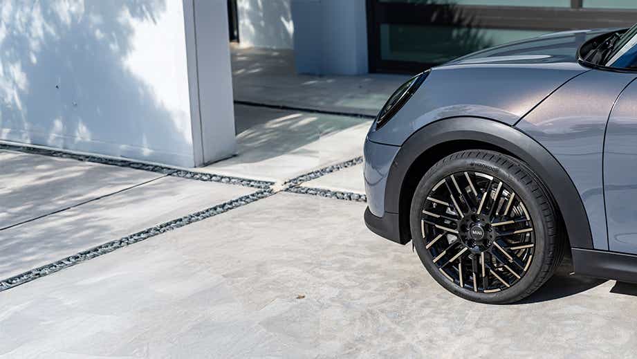 Front wheel and headlight close-up of a Mini Cooper S Convertible