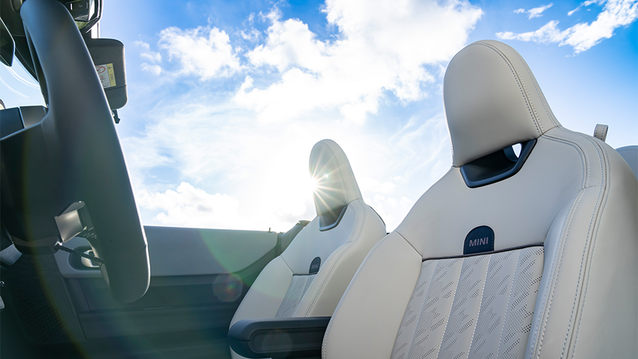Close-up of front seats and dashboard of a Mini Cooper S Convertible