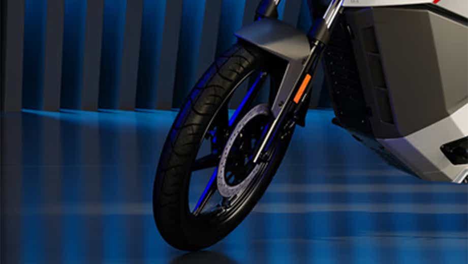 Front wheel close-up of a OLA Roadster X Plus