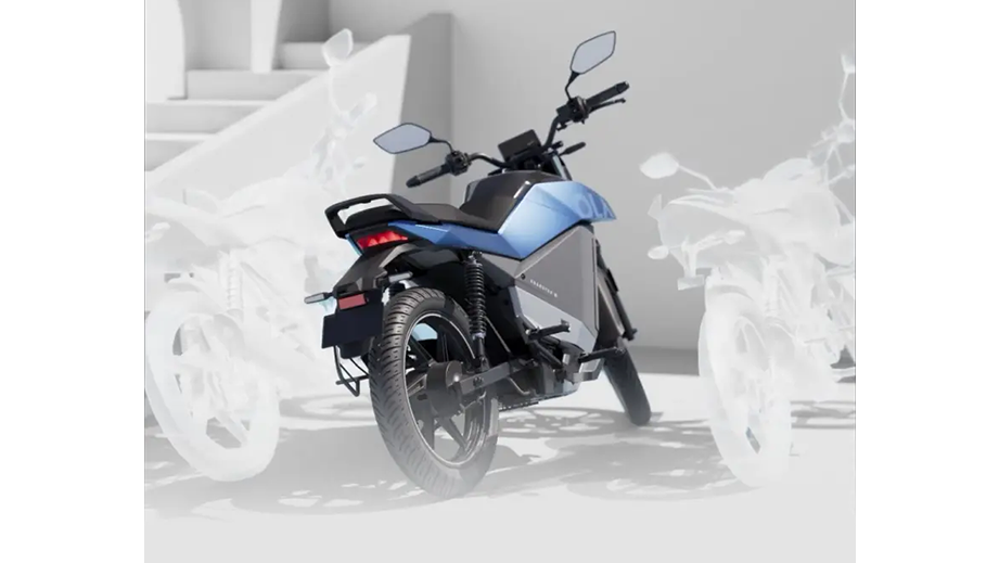 Rear three-quarter view of a Stellar Blue OLA Roadster X Plus