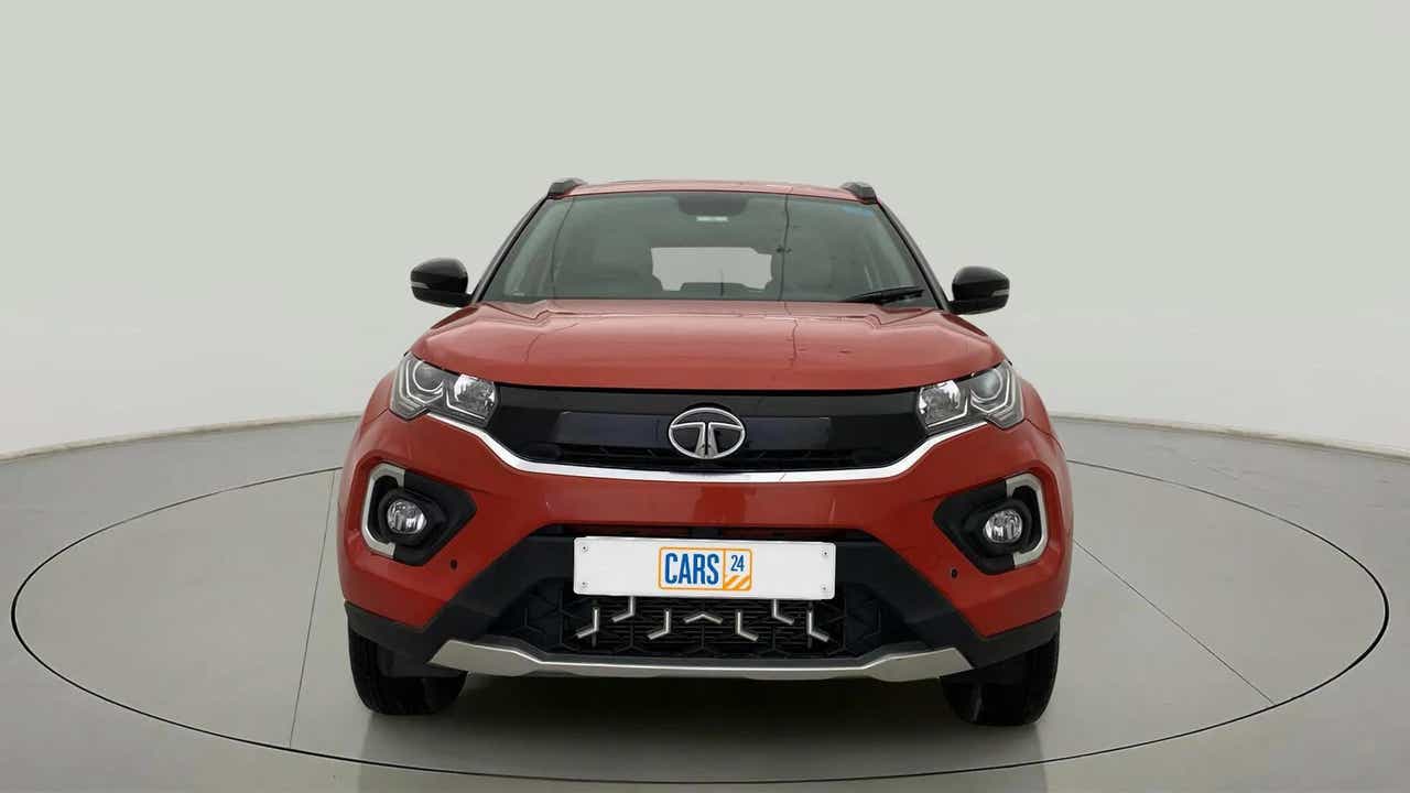 Front view of a Flame Red Tata Nexon 2017-2023