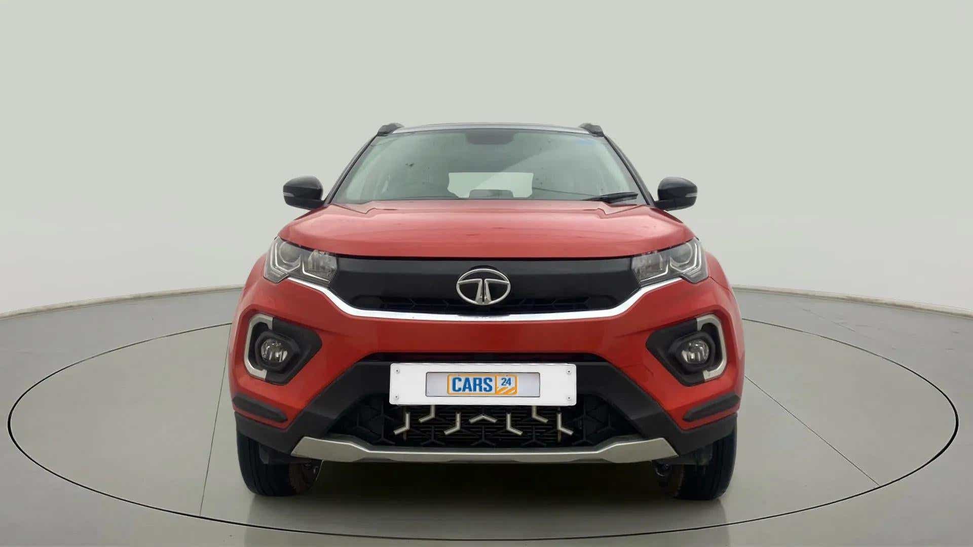 Front view of a Flame Red Tata Nexon 2017-2023