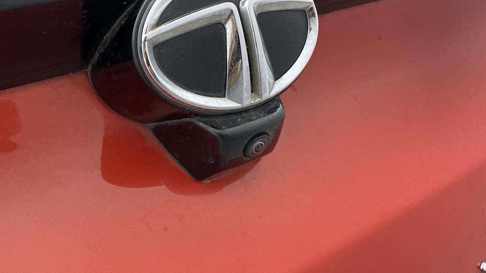 Rear emblem and camera close-up of a Tata Nexon 2017-2023