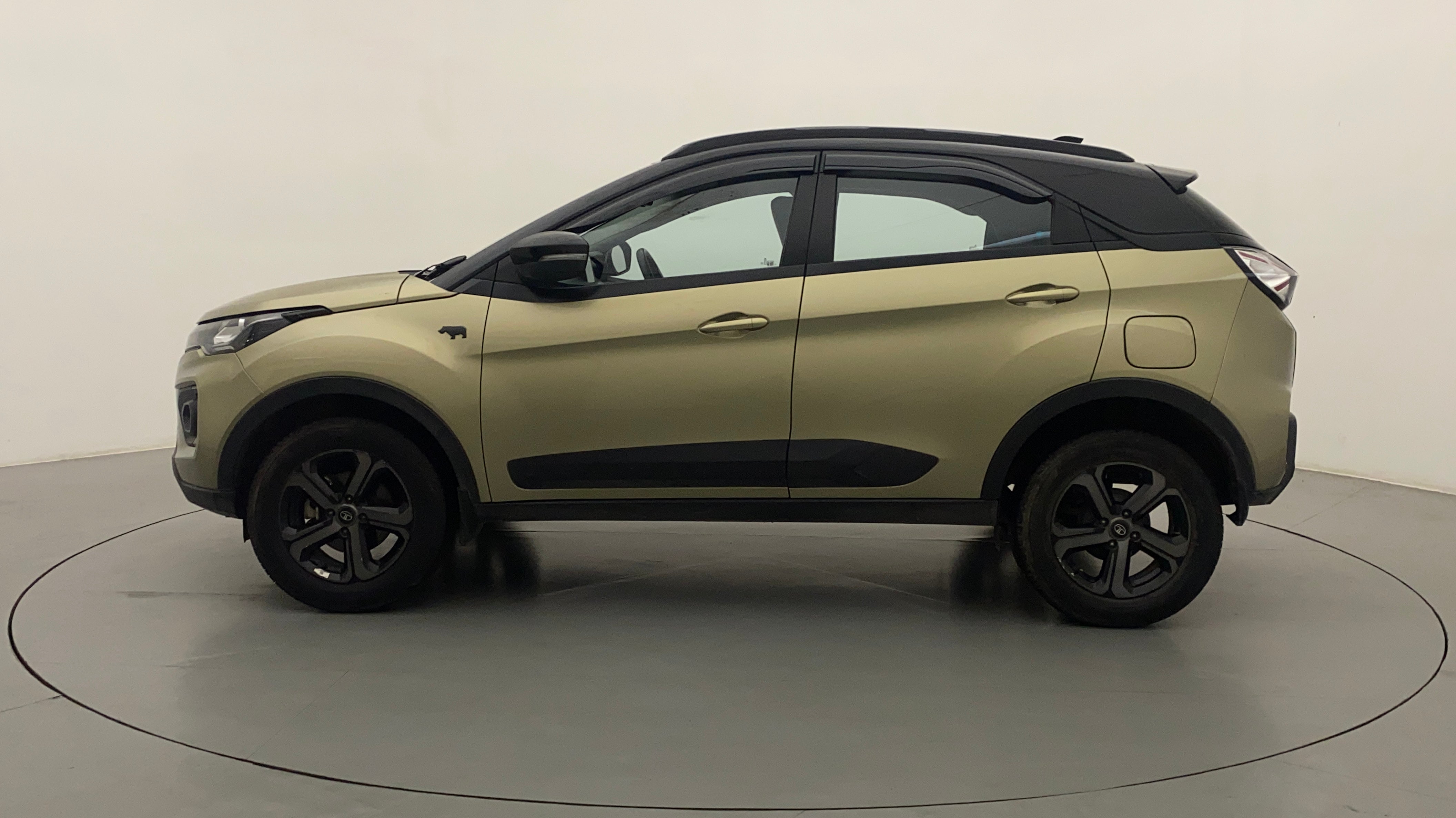 Side view of a grassland beige Tata Nexon 2017-2023