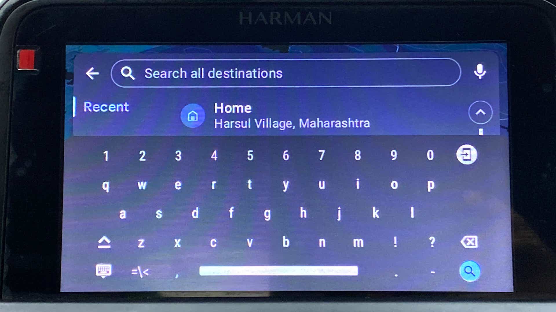 Infotainment system screen of a Tata Nexon 2017-2023 showing destination search interface