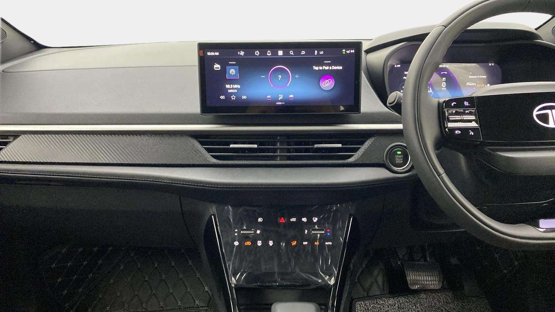 Dashboard and steering view of a Tata Nexon