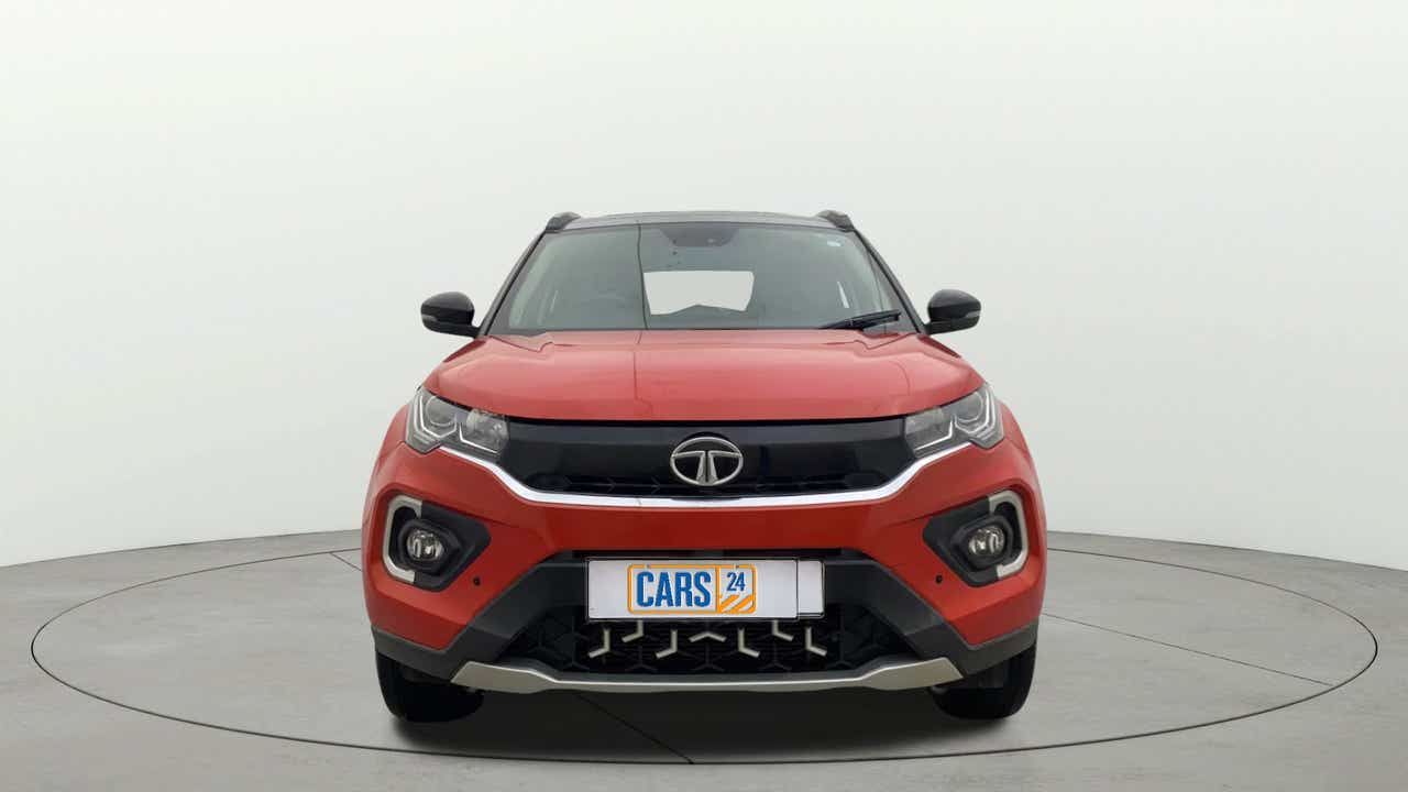 Front view of a Flame Red Tata Nexon 2017-2023