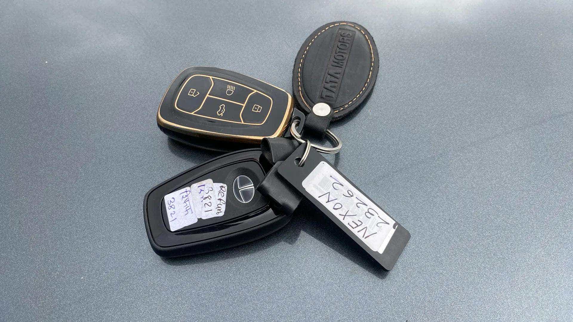 Close-up of a Tata Nexon car key