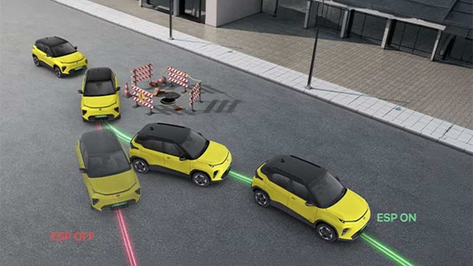 Overhead view showing safety feature demonstration of a fearless-yellow-with-dt Tata Punch EV Facelift