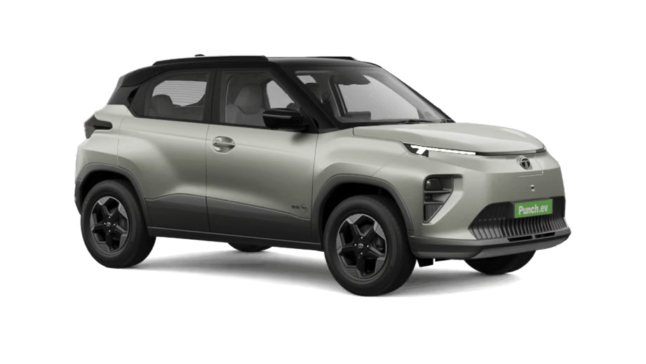 Front three-quarter view of a pure grey with dt Tata Punch EV Facelift