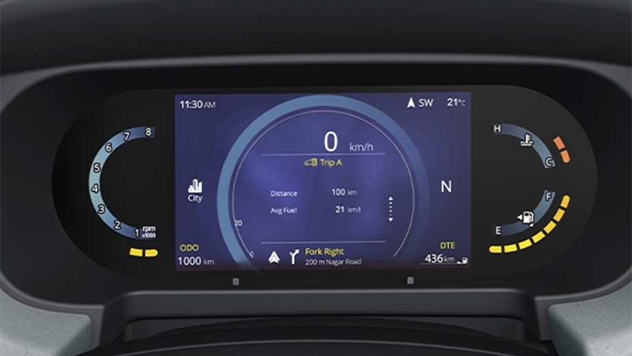 Instrument cluster display of a black Tata Punch Facelift