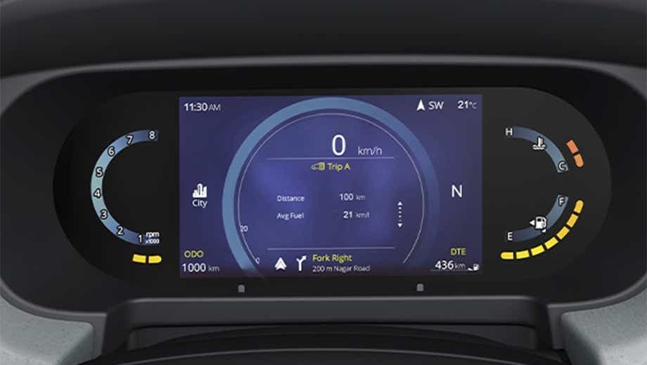 Instrument cluster display of a black Tata Punch Facelift