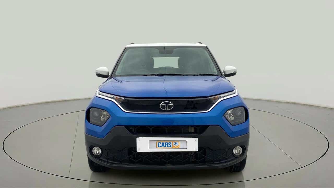 Front view of a Tornado Blue with White Roof Tata Punch