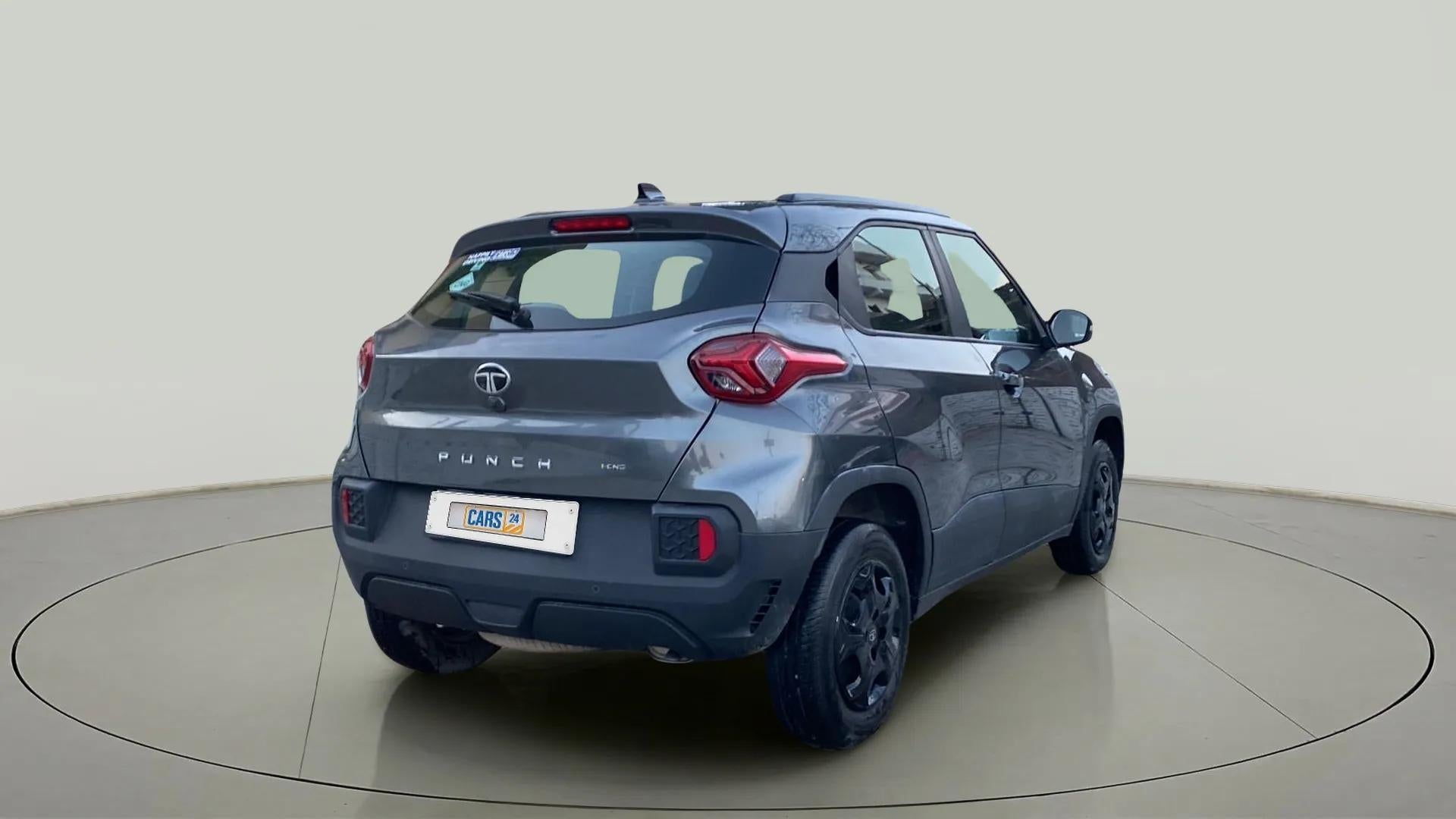 Rear three-quarter view of a Daytona Grey Tata Punch