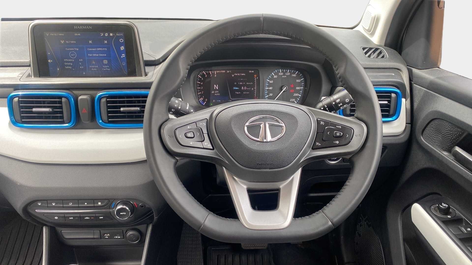Dashboard and steering wheel of a Tata Punch