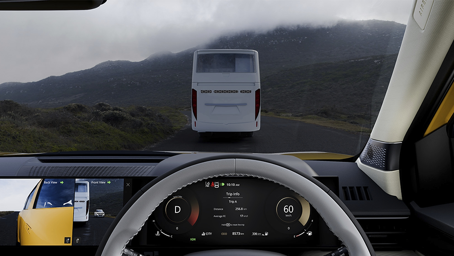 Dashboard and steering wheel view of a pure grey with dt Tata Sierra